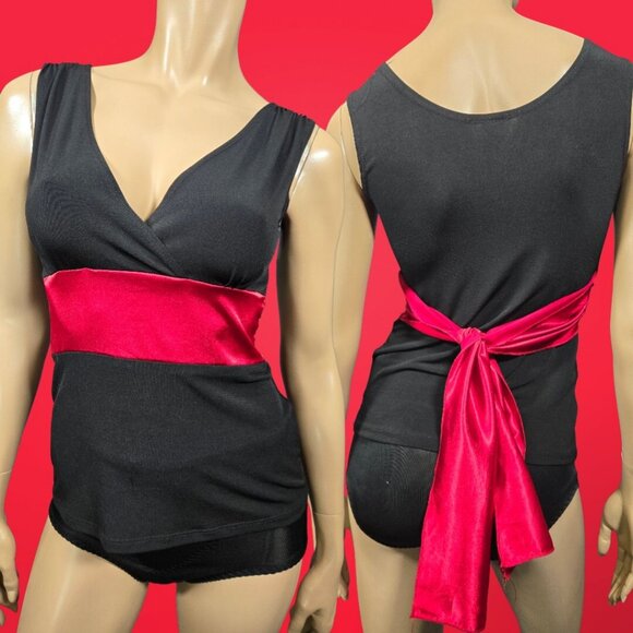 Vintage 90s Y2K Babydoll Top Size m Black Red Tie Back V Neck Whimsigoth - Picture 2 of 10